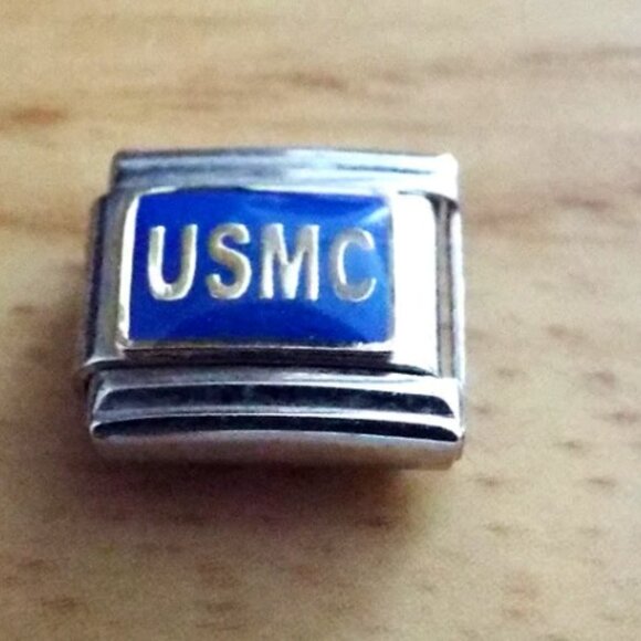 USMC on blue enamel 9mm stainless steel italian charm bracelet link new - Picture 1 of 2